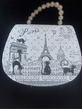 Paris Cat Print White Purse